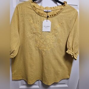 CELLABIE Women’s‎ Mustard Embroidered Short Sleeve Blouse Size M NWT